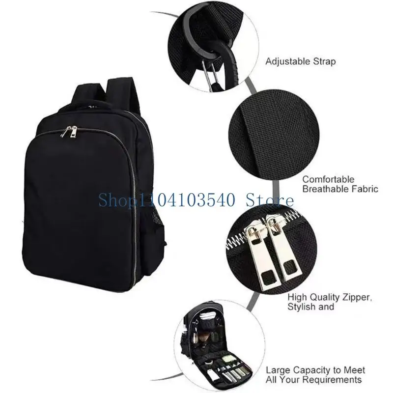 02DC Large Capacity Hair Care Backpack, Portable Black Fabric Pack with Front and Side Pockets, Elastic Holders, and Separate