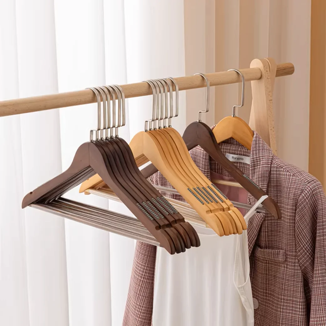 Solid Wood Clothes Hangers for Home Use Non-Marking Anti-Slip Wooden Support Hooks for Garments Storage Organization