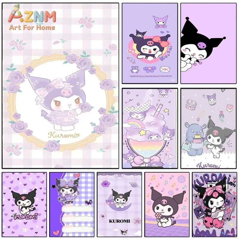 Sanrio Kuromi Purple Floral Frame Canvas Poster No Frame Cute Cartoon Devil Character Art Print Girly Pastel Style Kids Bedroom