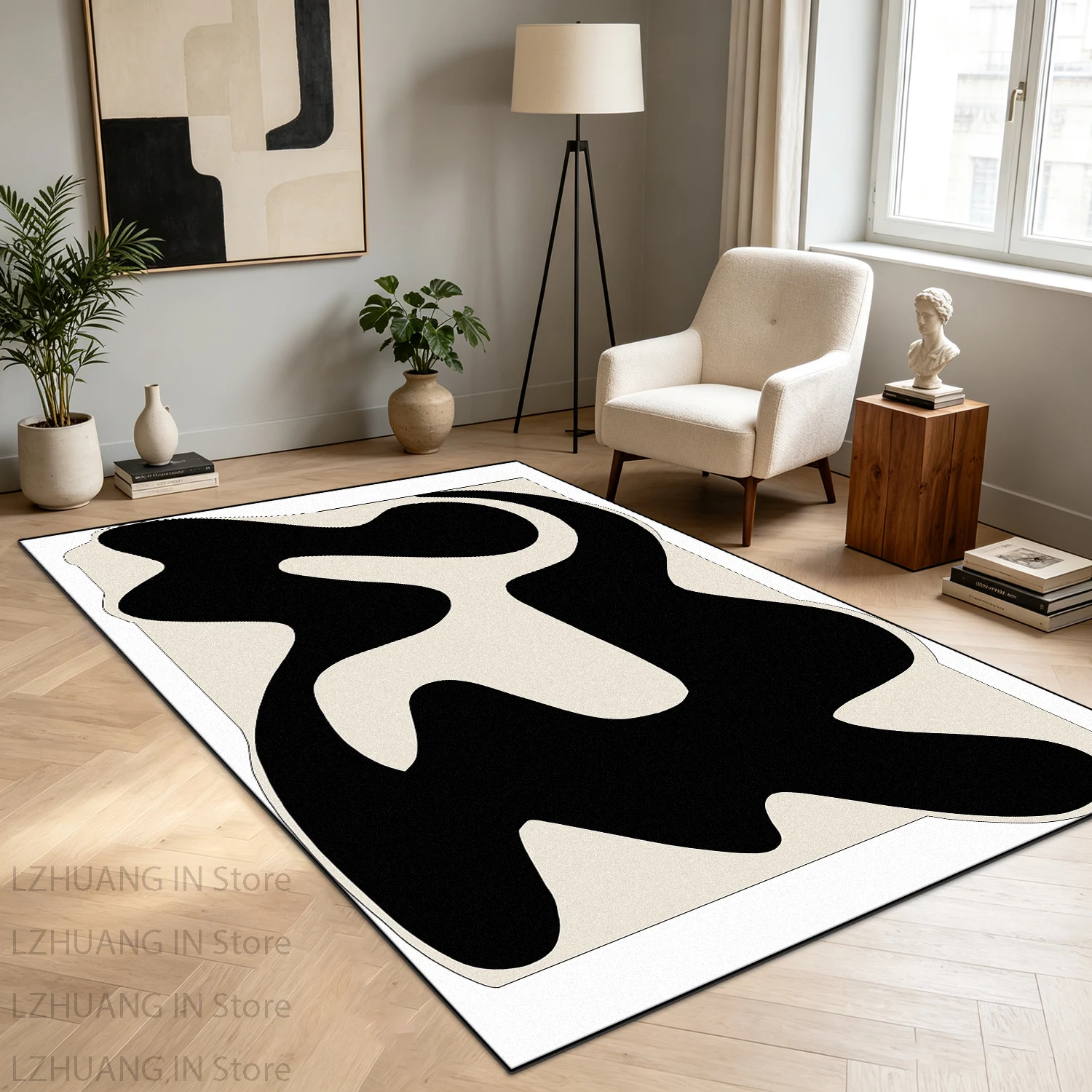 Cream Style Minimalism Geometric Black White Living Room Carpet Antiskid Fluffy Foldable European Tatami Mat Soft Rug Bedside