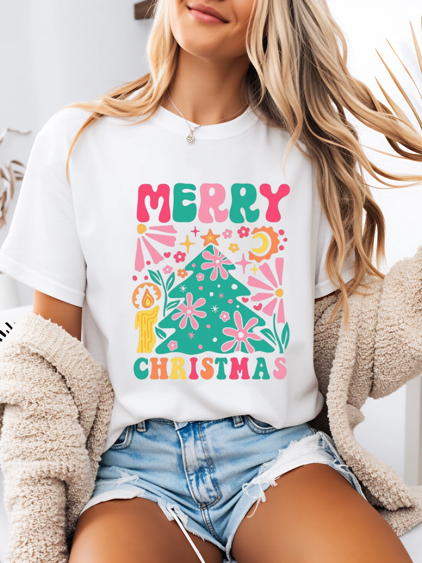 เสื้อยืดพิมพ์ลายต้นคริสต์มาสสุขสันต์วันคริสต์มาสผู้หญิงชุดลำลองสำหรับเทศกาลสีขาวขนาดพลัสไซส์