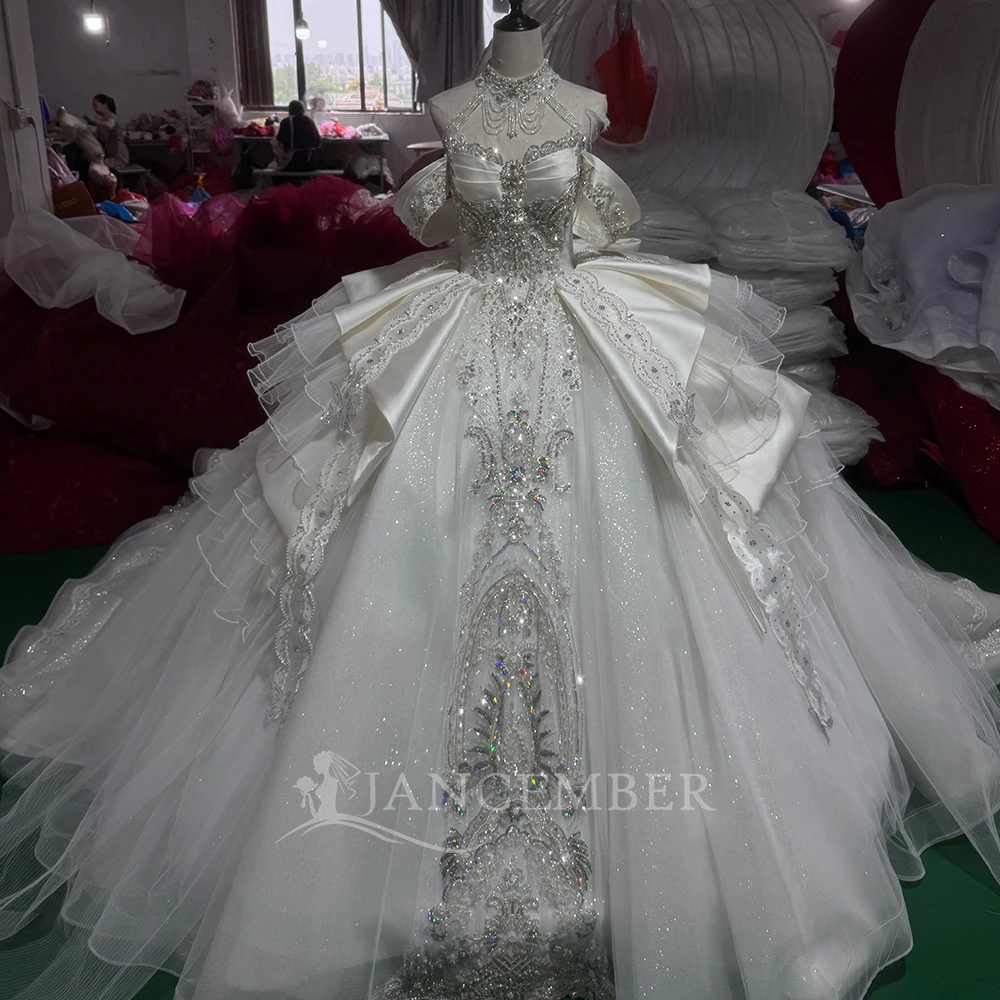 Stunning Ivory Ball Gown Customized Wedding Dress Illusion Halter Off Shoulder Corset Crystal Beading vestidos de novia boda