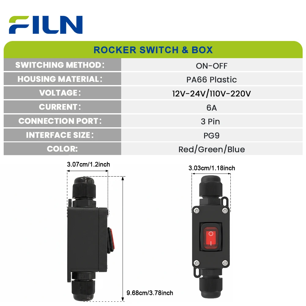 FILN 6A Waterproof Rocker Switch Box 12V 24V 110V 220V 3 Pin KCD1 ON OFF Inline Cable Toggle Switch with LED Indicator Light