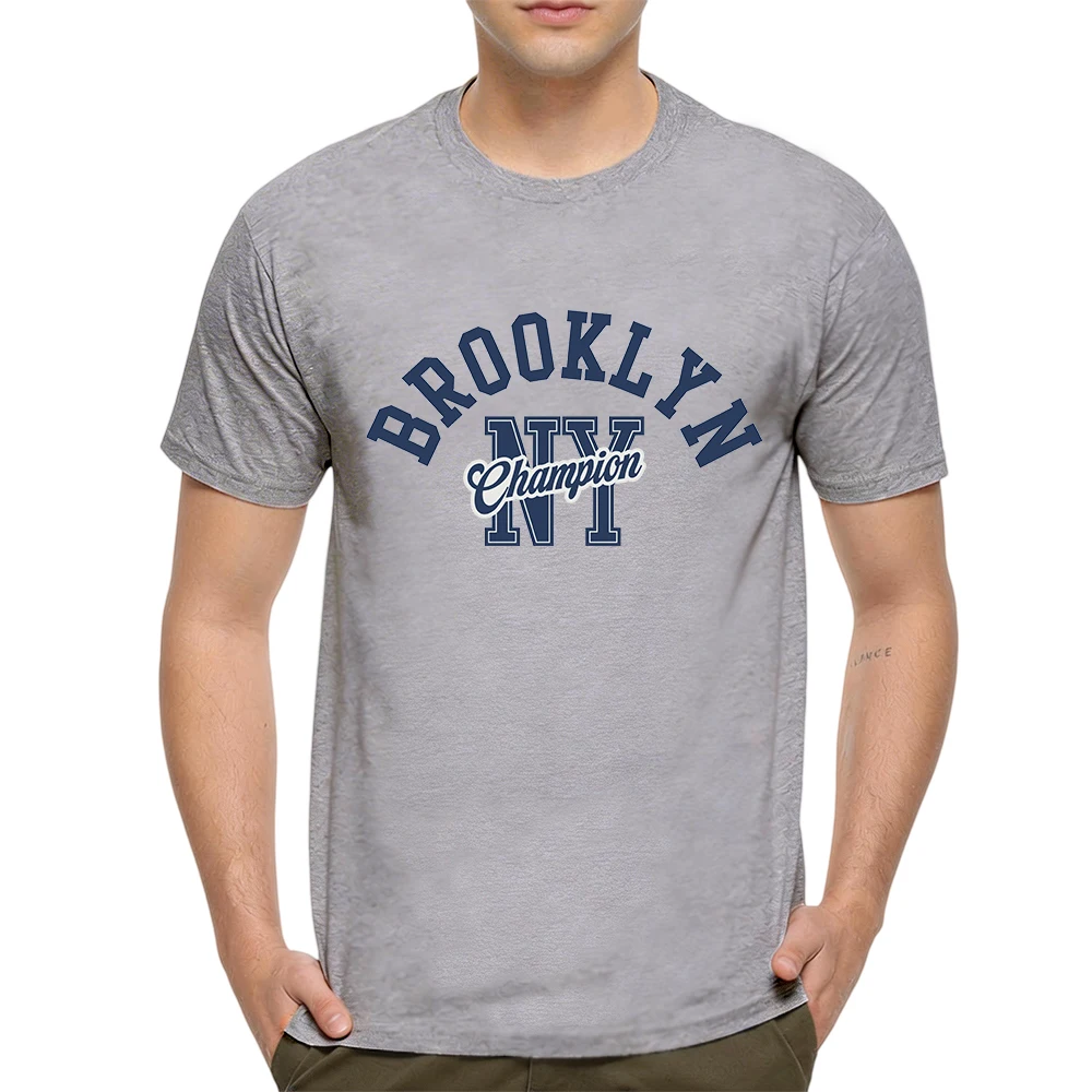 Mens 100% Cotton T Shirt Brooklyn NY Champion Curved Vintage Block Letter Script Print Breathable Short Sleeve Casual Daily Tee