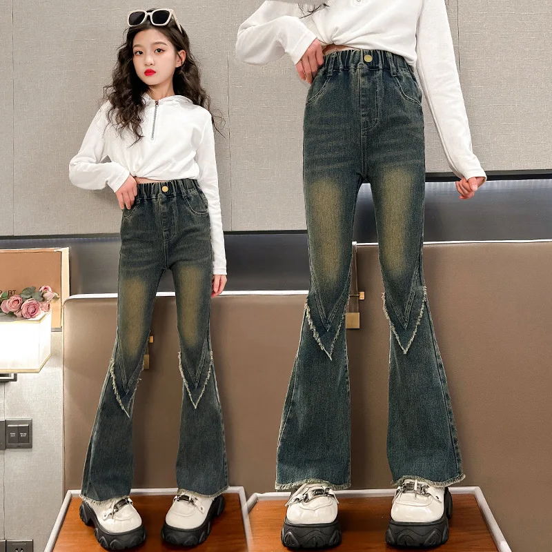 Fashion Girl Casual Jeans Kids Elastic Denim Flare Pants With Tassel Child Solid Color Denim Trousers For Child Teenage 5-14Y