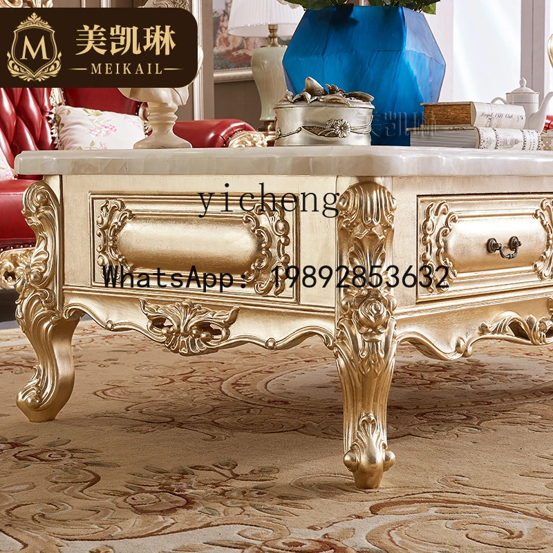 TT European solid wood carving flower coffee table, imported natural marble rectangular coffee table