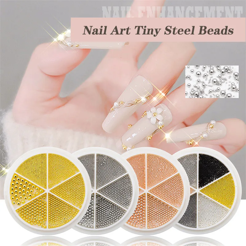

6 Grids Nail Art Tiny Steel Caviar Beads Mixed Size 3D Design Rose Gold Silver Jewelry Manicure DIY Decoration