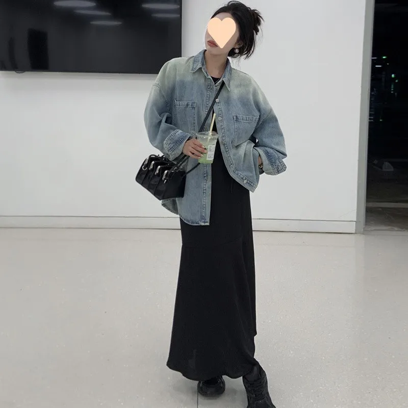 

Retro Hong Kong Sle Denim irt Jaet Women's Spring Autumn New Lazy Sle Long Sve Outerwear Mid-Length Women's Top