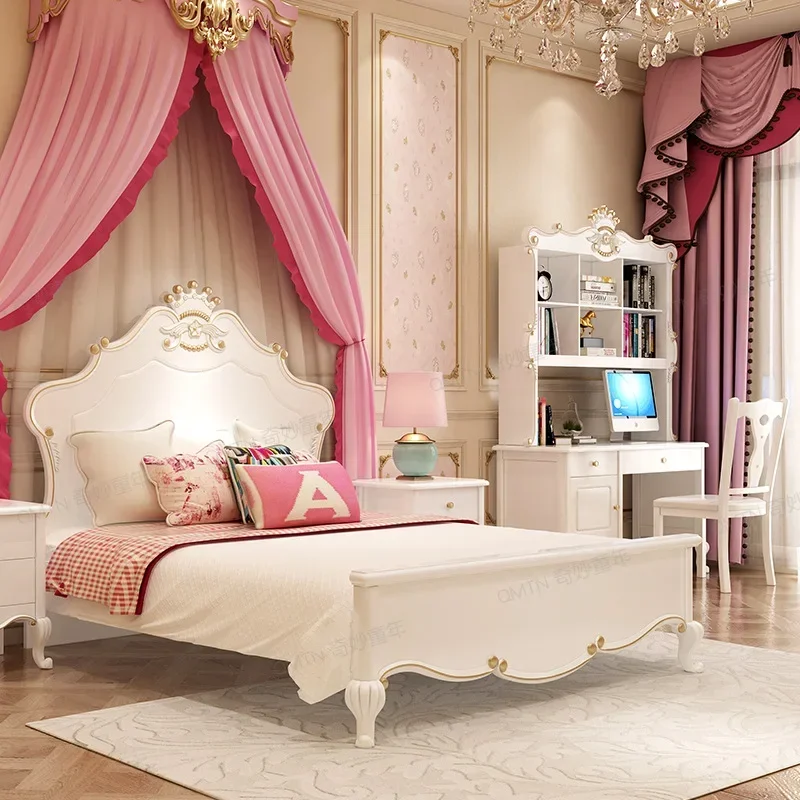 Adjustable Children's Furniture European Desk Bookshelf Combination Simple Solid Wood Computer Table Princess White Table Bed