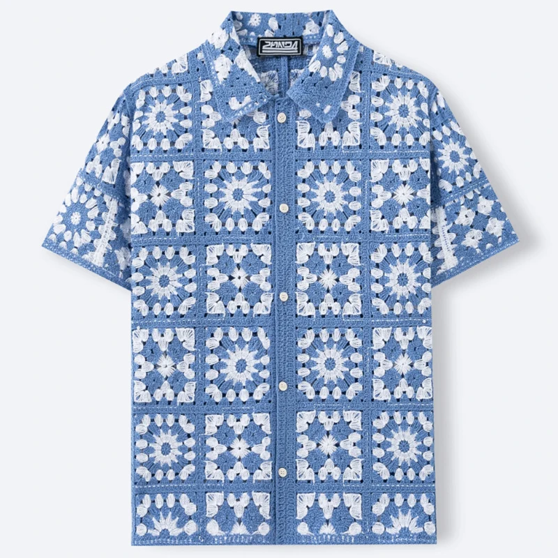 Vintage Florals Crochet Knit Shirts Mens Summer New Casual Short Sleeve Knitted Slim Shirt Stylish Men Button-up Lapel Cardigans