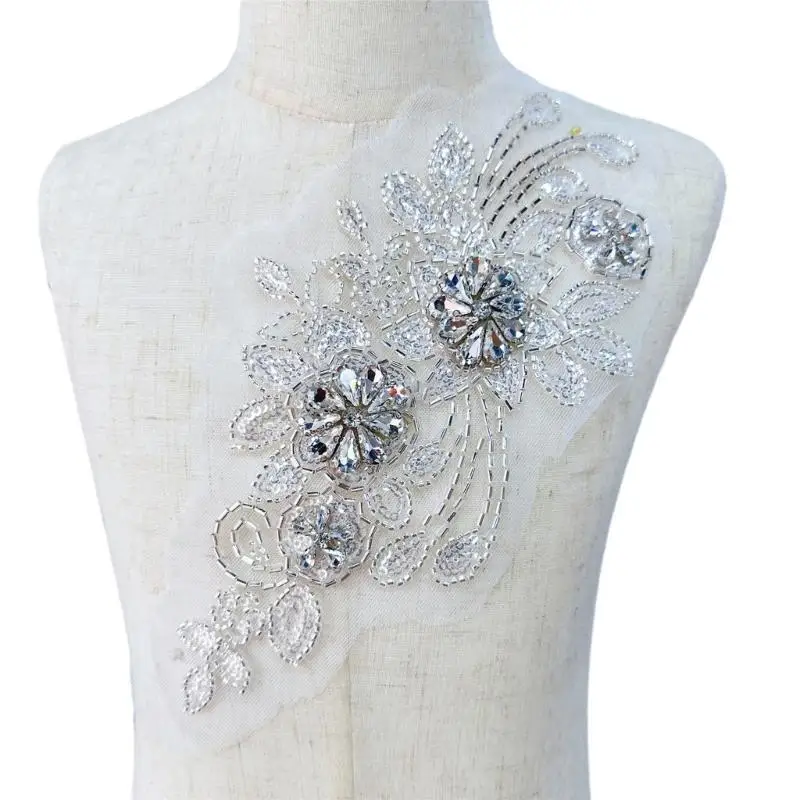 

652F Embroidery Flower Patches Wedding Dress Costume DIY Lace Trim Rhinestones Appliques DIY Patches Appliques