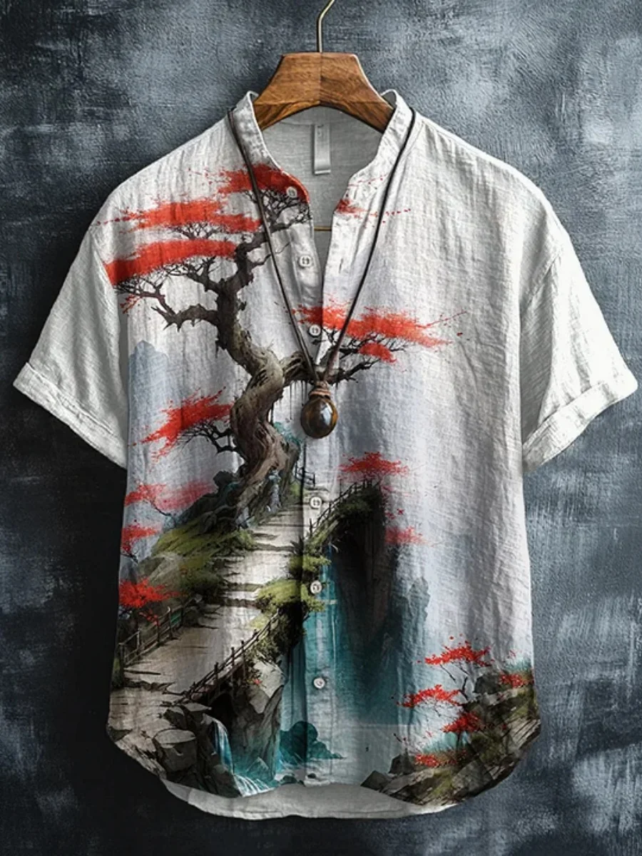 2026 Summer Men's Short Sleeve Shirt Stand Collar Landscape Print Fashion Casual Retro Vacation Shirt Hawaiian Shirt XS-6XL Size