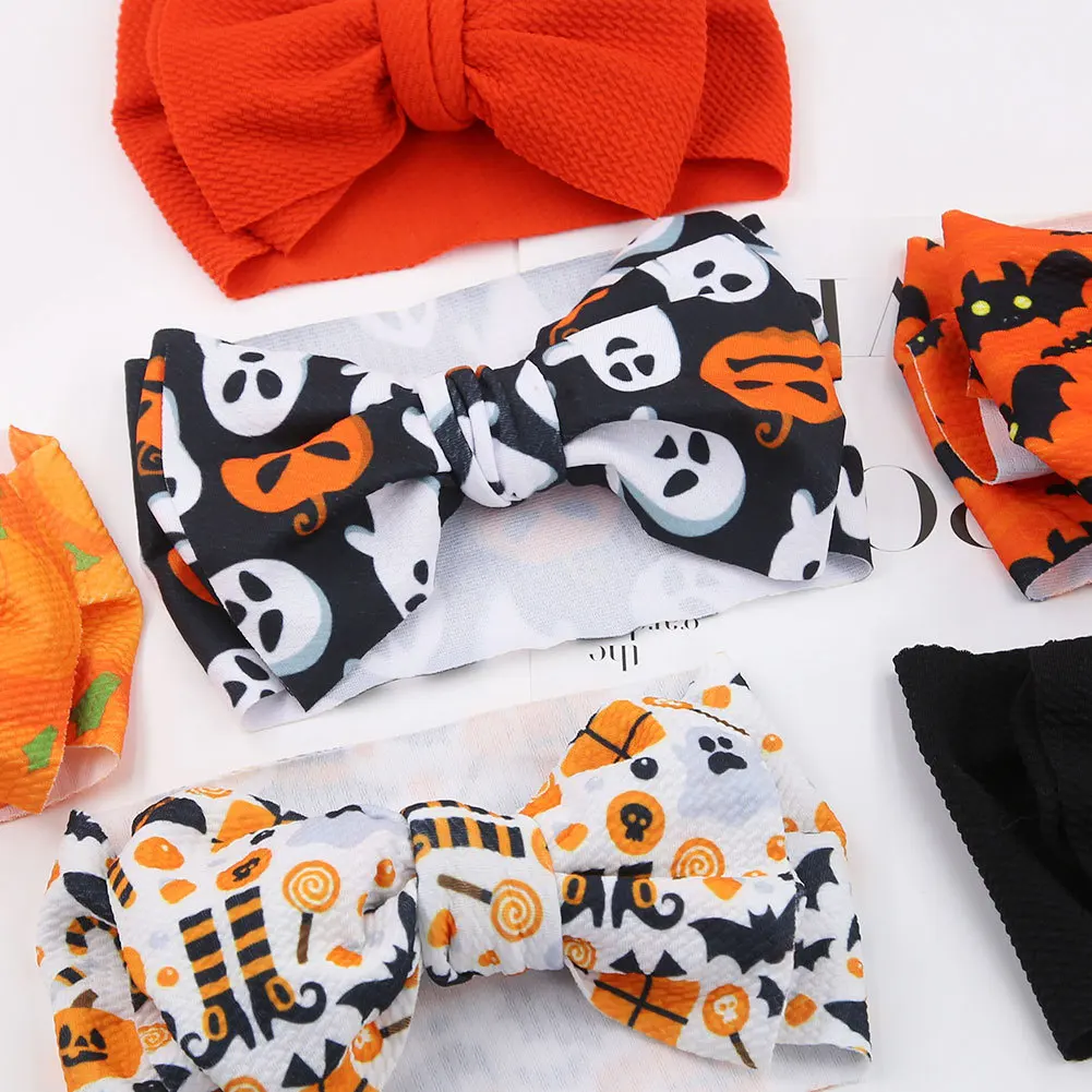Bulk 24pcs Halloween Headbands for Girls Big Waffle Fabric Bow Turban Skull Pumpkin Bat Print Children's Headwear
