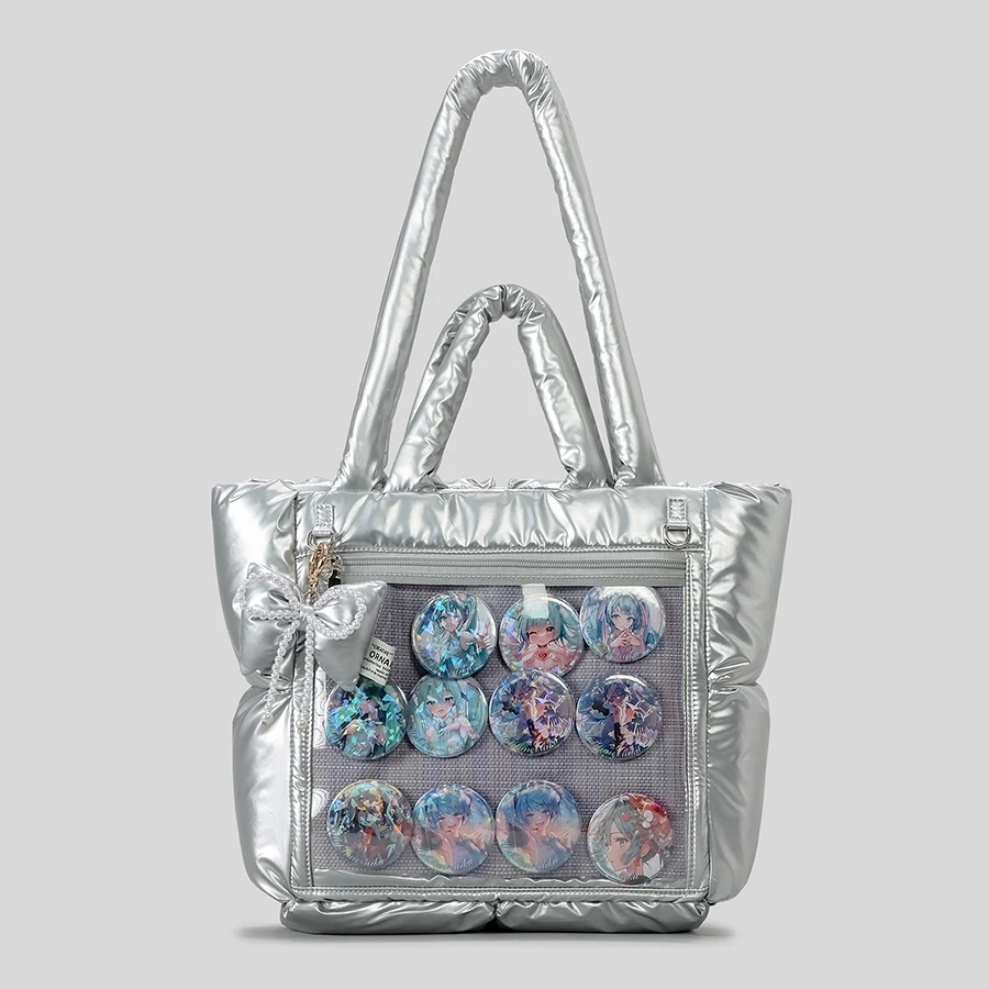 

Модная прозрачная мягкая сумка-тоут kawaii itabag, стеганая пуховая женская сумка на плечо, большая вместительная серебряная нейлоновая сумка Y2K