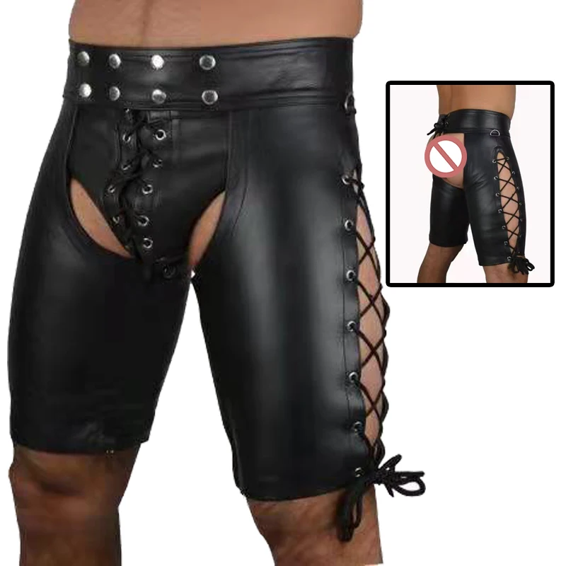 Sexy Backless Leather Shorts for Men Bandage Tight Pants Bandage Leather Chaps Adult Erotic Pants Gay Sexy Costumes