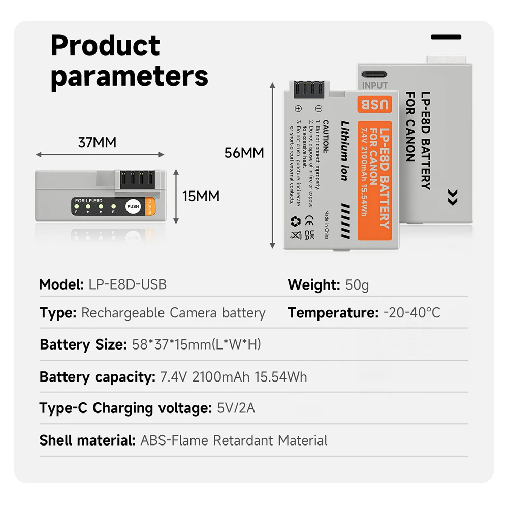 بطارية PALO مع إدخال Type-C لكانون ، من من من من من من نوع C ، ولب E8 ، وليوس 550D ، و 600D ، و 650D ، و 700D ، و X4 ، و X5 ، و X6i ، و X7i ، و T2i ، و T3i ، t4i ، T5i ، الكاميرا