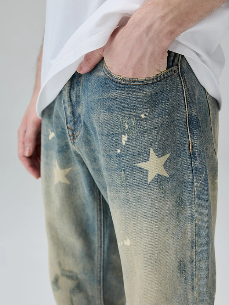 Jeans for Men Casual Loose Fashion All-match Star Printed Spring Autumn Teenagers High Street Scratched American Style Popular