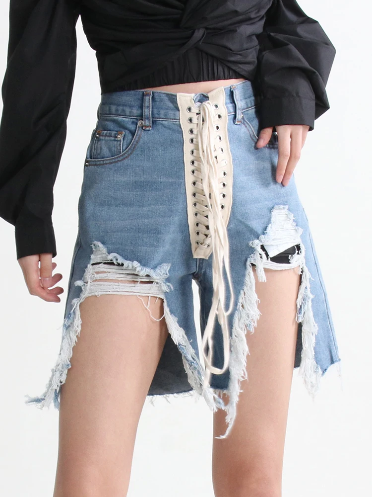 High Waist Handmade Ripped Denim Shorts Women's Fashion Korean Style Torn Patchwork Cross Tie Short Pants Spring Summer