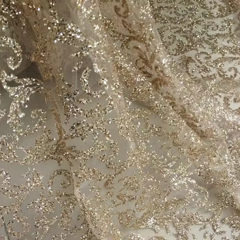 Luxury Sheer Floral Foiling Sequins Fabric Stage Wear Dresses Performance Costumes Hot Stamping Embroidered Lace Trim Material