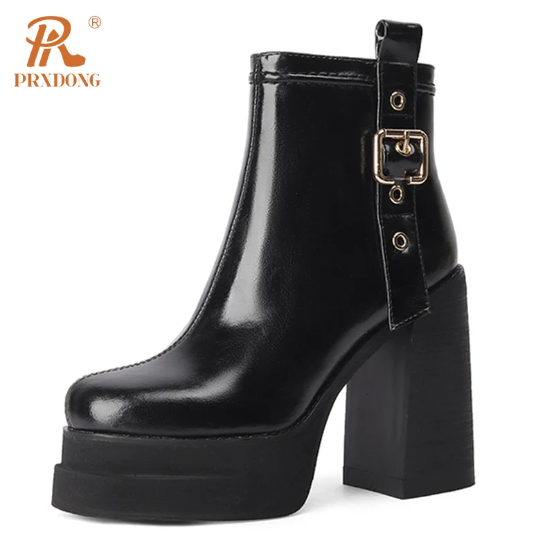 PRXDONG New Genuine Leather Shoes Chunky High Heels Platform Black Autumn Winter Warm Ankle Boots Dress Office Lady Size 34-40