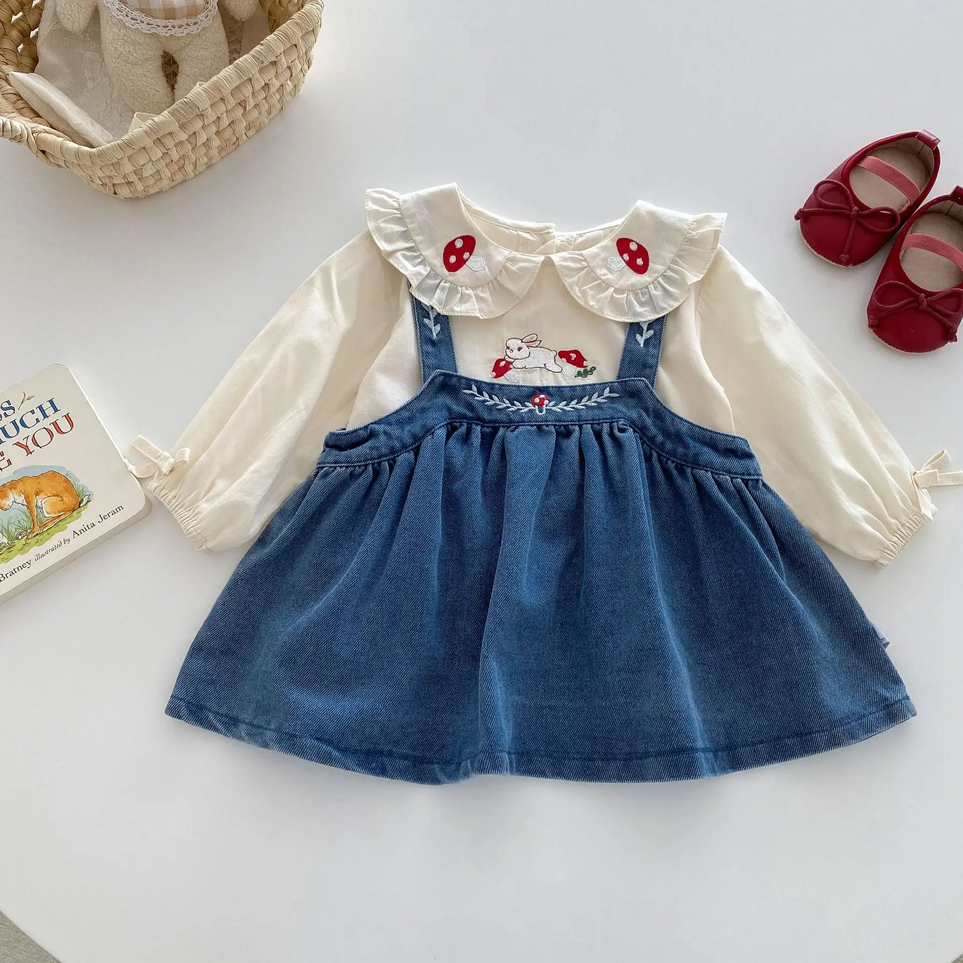 Kids Girls Cute Dress Sets Peter Pan Collar Embroidery Long Sleeve Soft Blouses & Spaghetti Strap A-line Blue Jeans Vestido 1-5Y