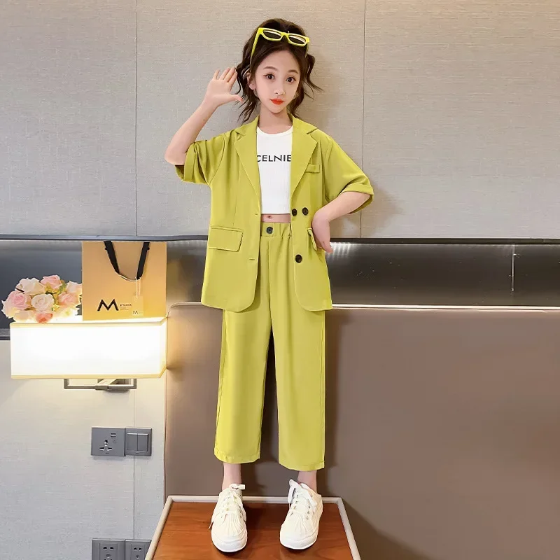 

Suit for Kids Summer Thin Blazer Pants 2pcs Elegant Youth Girls Clothing Set Trendy Groups Outfits 12 13 14 Years Child Costumes