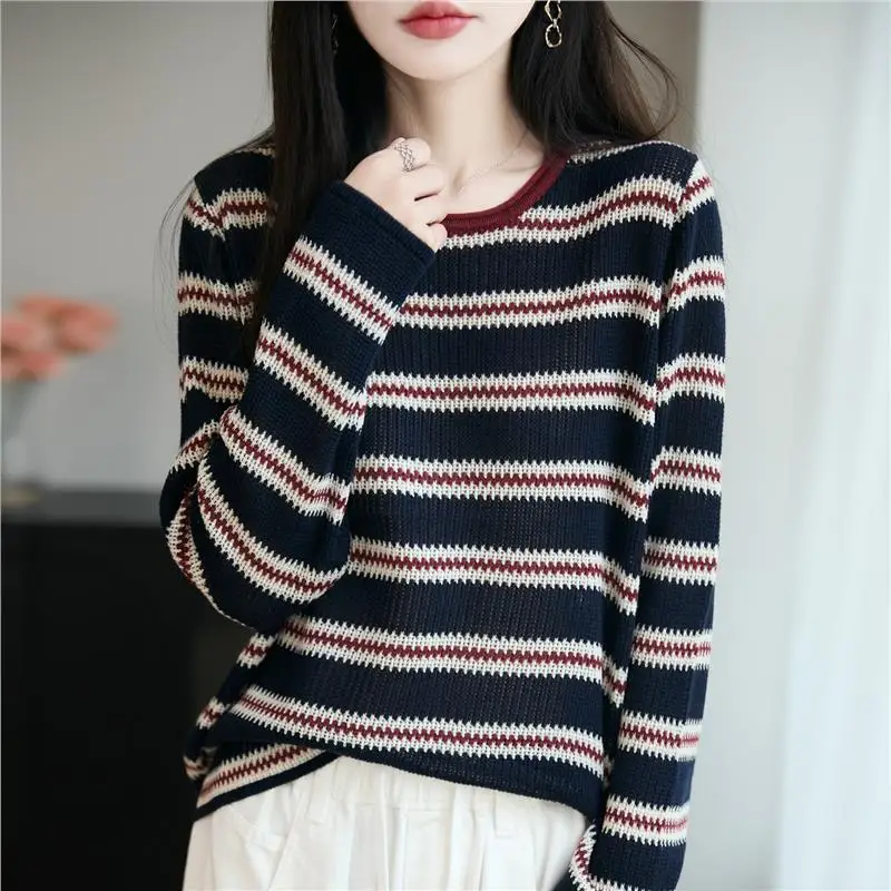 

Ретро круглый Ne Color Blo в полоску Свободный трикотаж Женский дизайн Sensation Casual Sle Long Sve Мягкая ткань Осень-зима...