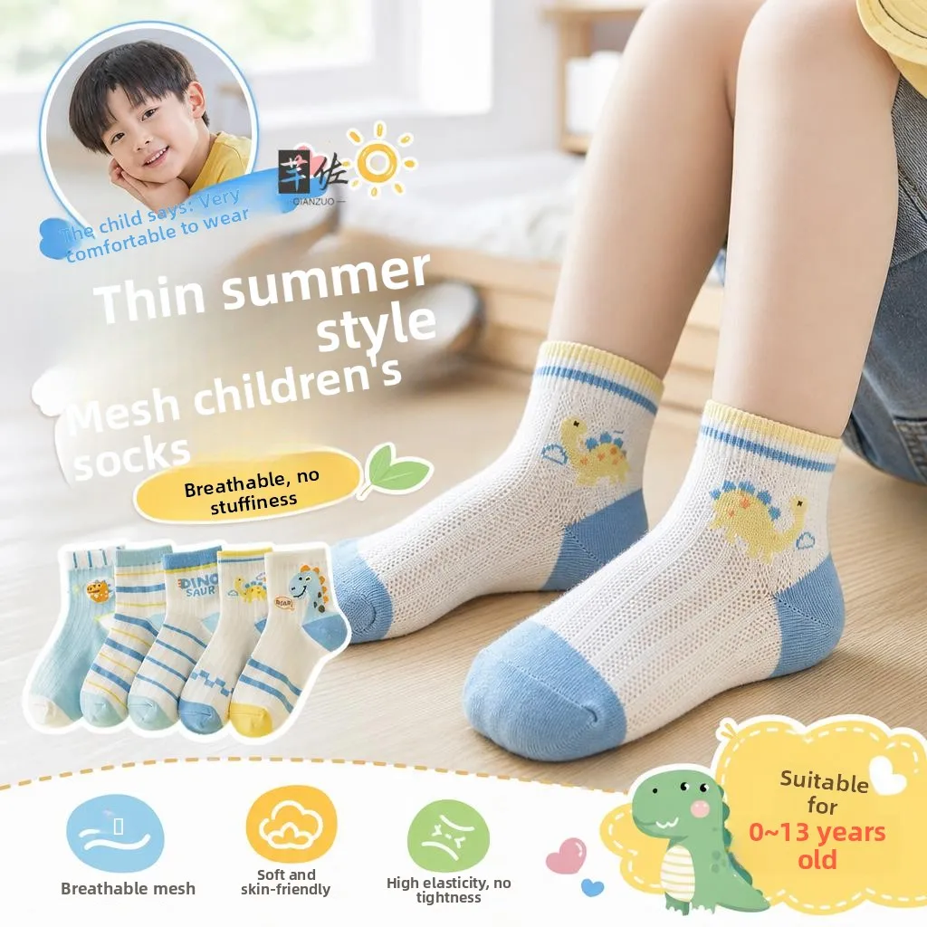 Breathable Summer Socks for Kids Thin Mesh Absorb Sweat Odor Control Mid-Calf Socks for Boys Student Children's Summer Socks