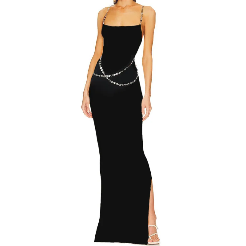 elegant and pretty women\'s dresses 2023 New in Korean Fashion Slim Chain Decorative Strap long dresses Sexy Backless Party Dress