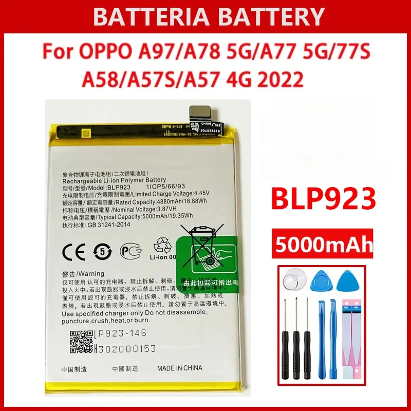 

5000mAh BLP923 Battery For OPPO A77 5G/ A57 2022/ A57 2020/A57 4G 2022 /A78 5G/A77S Batteria Batteries+Tools