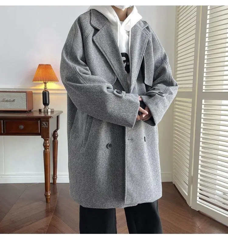 

Пальто из шерстяной смеси с поясом, оверсайз, мужское, деловое, классическое, элегантное, теплое, зимнее, толстое, мягкое, приталенное, с отложным воротником, универсальное, базовый стиль