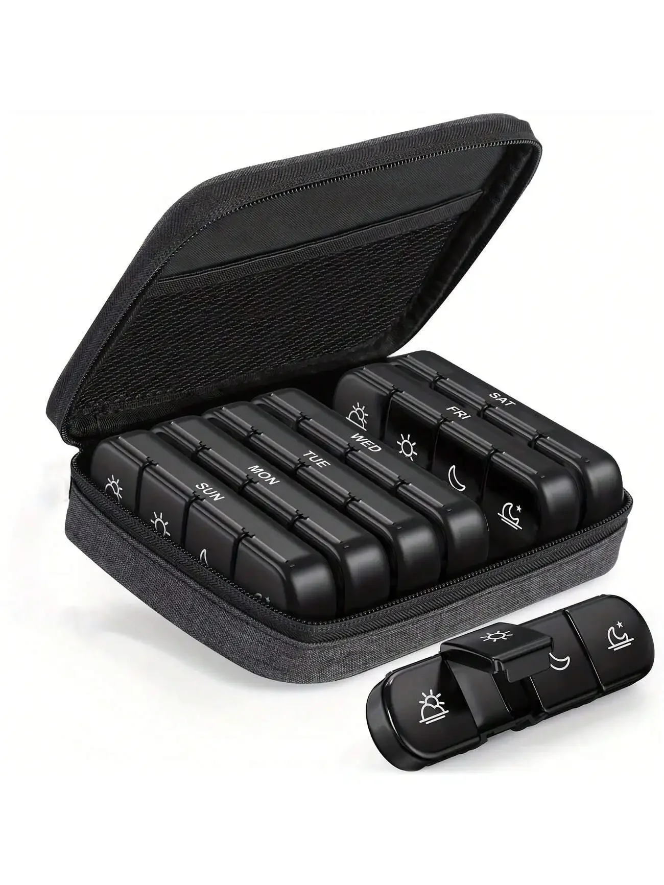 

Weekly Pill Organizer 4 Times a Day with a Business Stylish Bag, Portable Pill Box 7 Day with 28 Compartments for Men