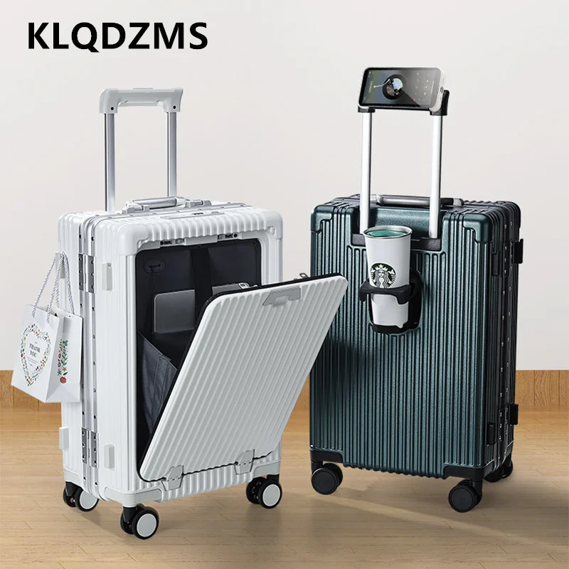 

KLQDZMS Suitcase on Wheels Suitcase Aluminum Frame Boarding Box 18"20"24 Inch Front Opening Laptop Trolley Case Rolling Luggage