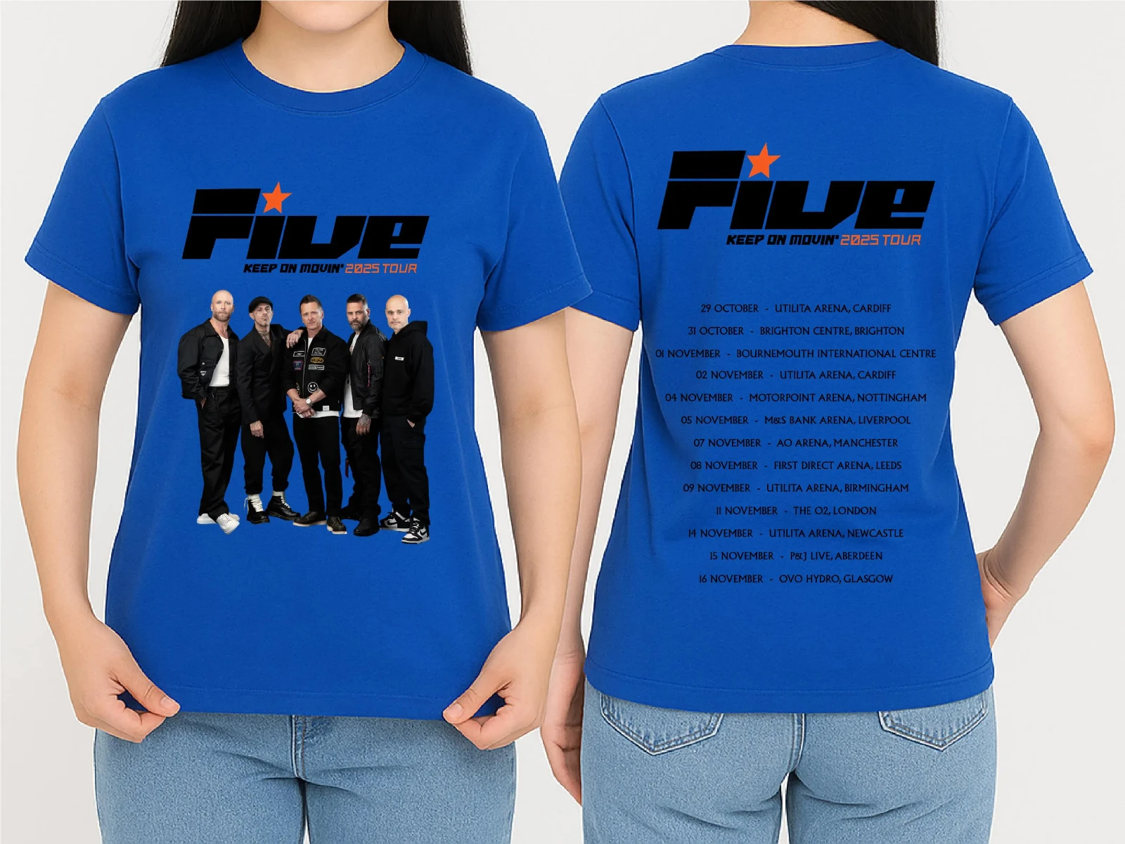 خمسة صبي إبقاء على جولة Movin 2025 الجبهة الخلفية مطبوعة خمسة صبي الفرقة الحفلة قميص الحفل عاشق المحملة الأعلى مهرجان الموسيقى تي شيرت