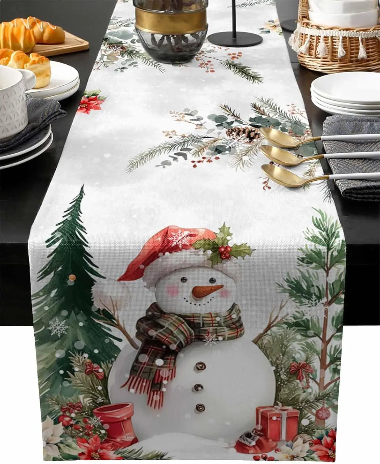 Christmas Tree Snowman Linen Table Runner Xmas Party Decor Winter Snowflakes Holiday Kitchen Table Runners Christmas Decorations