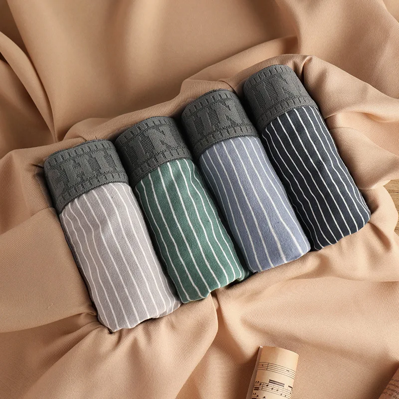 New Arrival: 100% Cotton Men's Underwear, Large Size, Boxer Briefs, Striped, Mid-Rise, Breathable, Men's Student Boxer Shorts