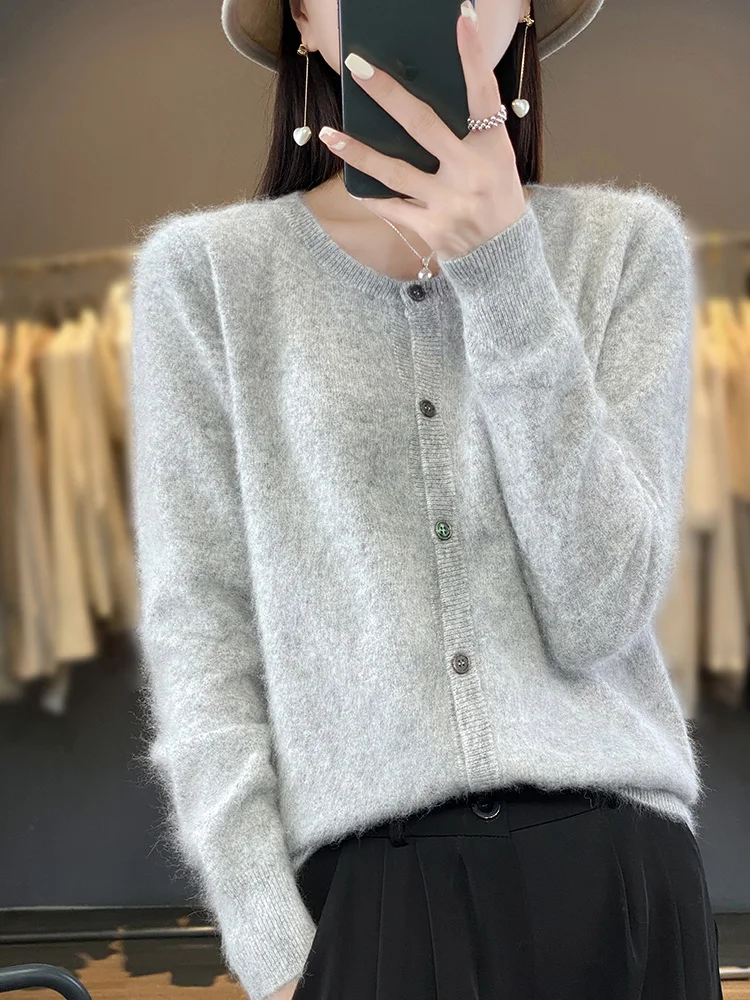 

Women Quality 100% Mink Cashmere Cardigan Basic O-Neck Sweaters Autumn Winer Female Solid Color Knitwear Clothing Tops