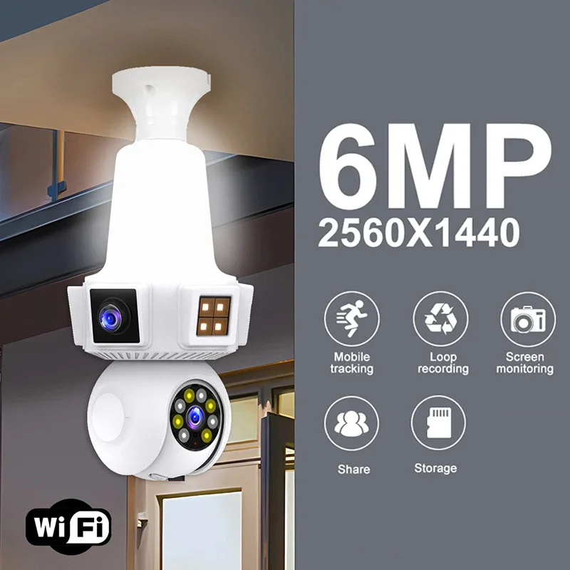 Two Lens Tow Screen 6MP Wireless Wifi E27 Light Bulb Camera V380Pro 360°  PTZ Bulb Camera Home Security CCTV Baby Monitor