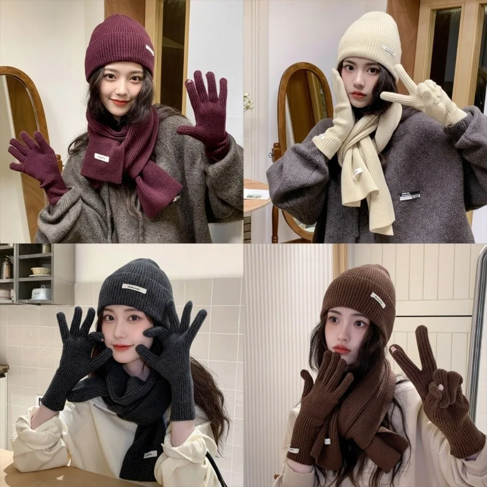 New Red Hat Scarf Gloves Set Warm Cotton Ear Protection Knitted Woolen Cap New Year Thickened Winter Beanie Hats Christmas Gift