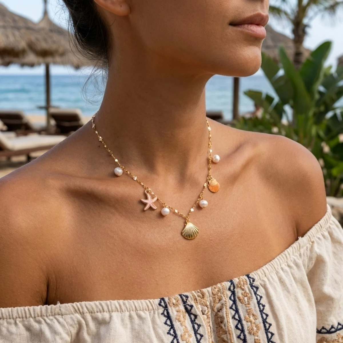 Sommerliche Halskette mit Imitationsperlen, Seestern- und Muschelanhänger für Damen und Herren, Bohemian Fischschwanz-Ozean-Strand-Choker, Urlaubs- und Party-Schmuck – Detail 9
