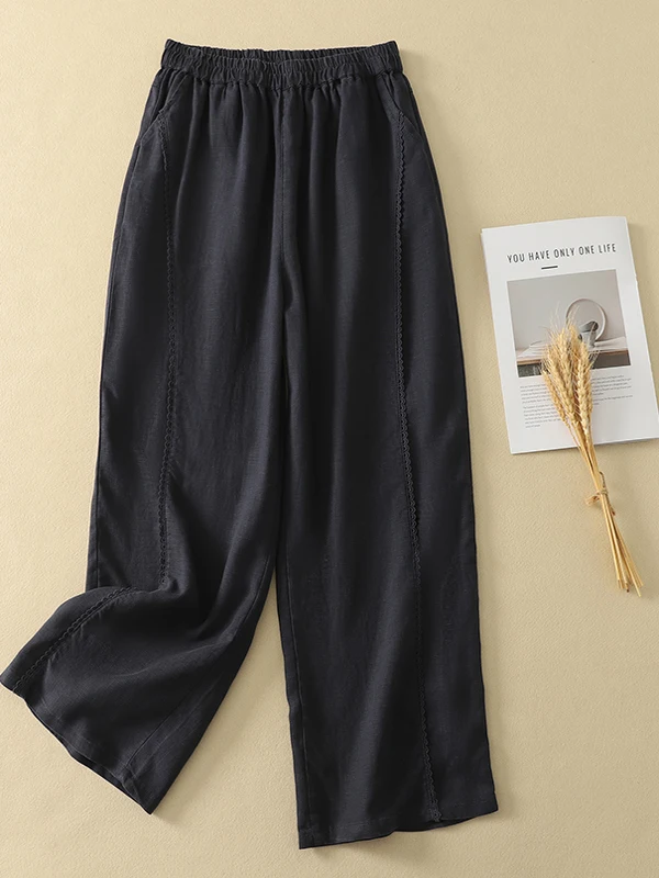 Cintura alta calças de perna larga feminina solta casual cor pura retro artístico queimado calças japonês sle linho guarnição calças compridas