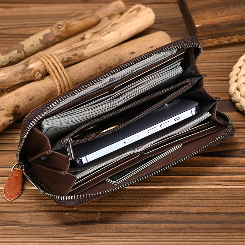 Retro Genuine Leather Long Purse Cash Phone Multi Card Holder Zipper Purse For Ladies Women Men Women Leather Wallet Vintage