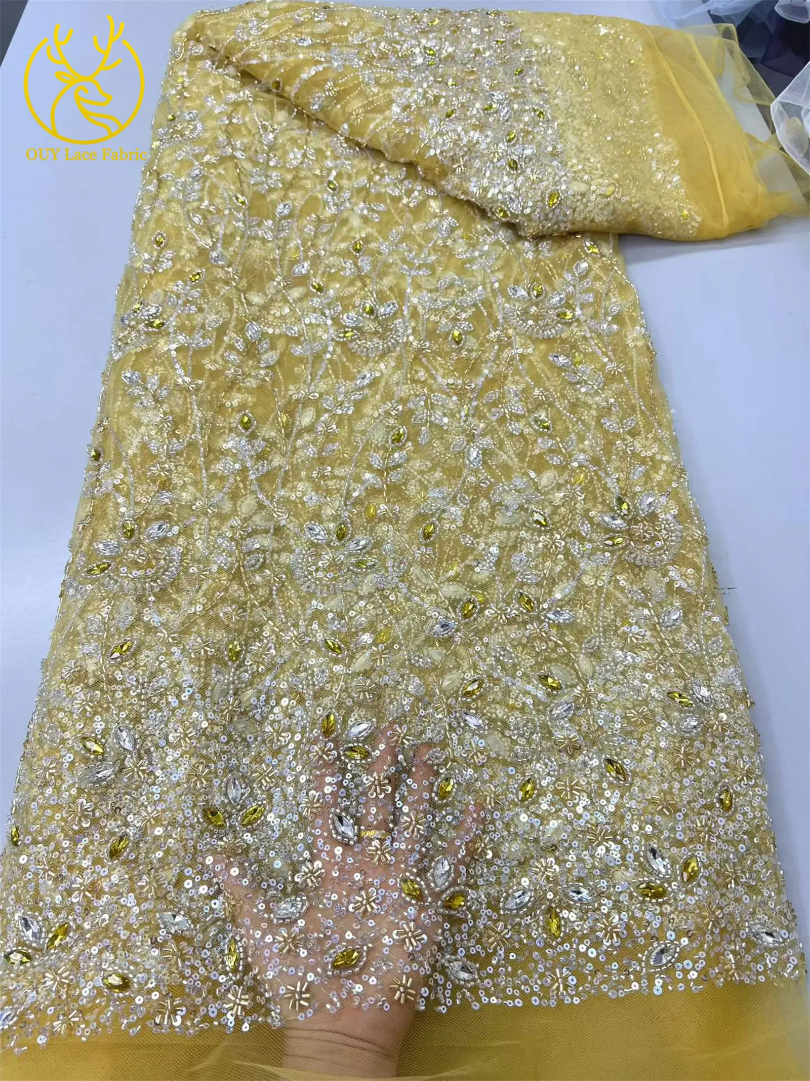 Afrikanischer Steinbesetzter Spitzenstoff Rote Französische Perlen-Pailletten-Spitze Nigerianische Edelstein-Spitze Nähmaterial für Hochzeits- und Partykleider – Detail 10