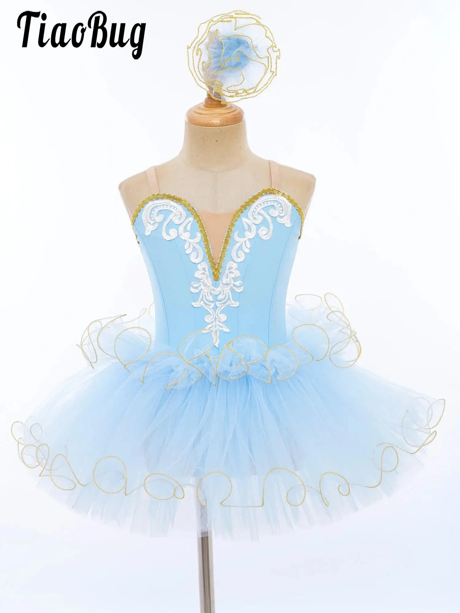 

Kids Girls Dance Ballet Tutu Dress Ballerina Stage Performance Costume Embroidery Bodice Layered Tulle Dress with Headwear