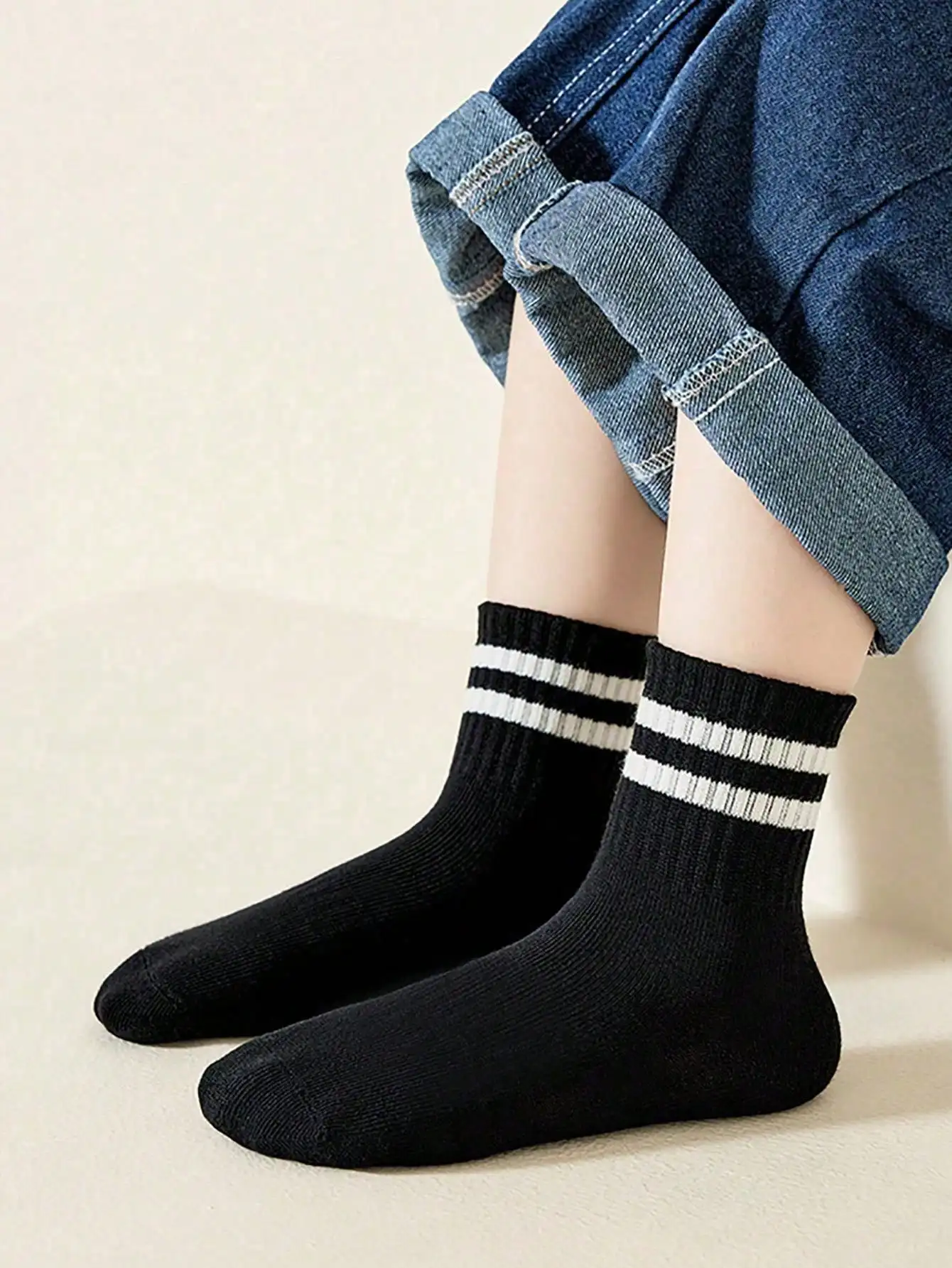 5 Pairs Boys Girls Striped Crew Socks Soft Breathable Cotton 2-12Y School Sports Casual Black White Daily Wear Children Socks