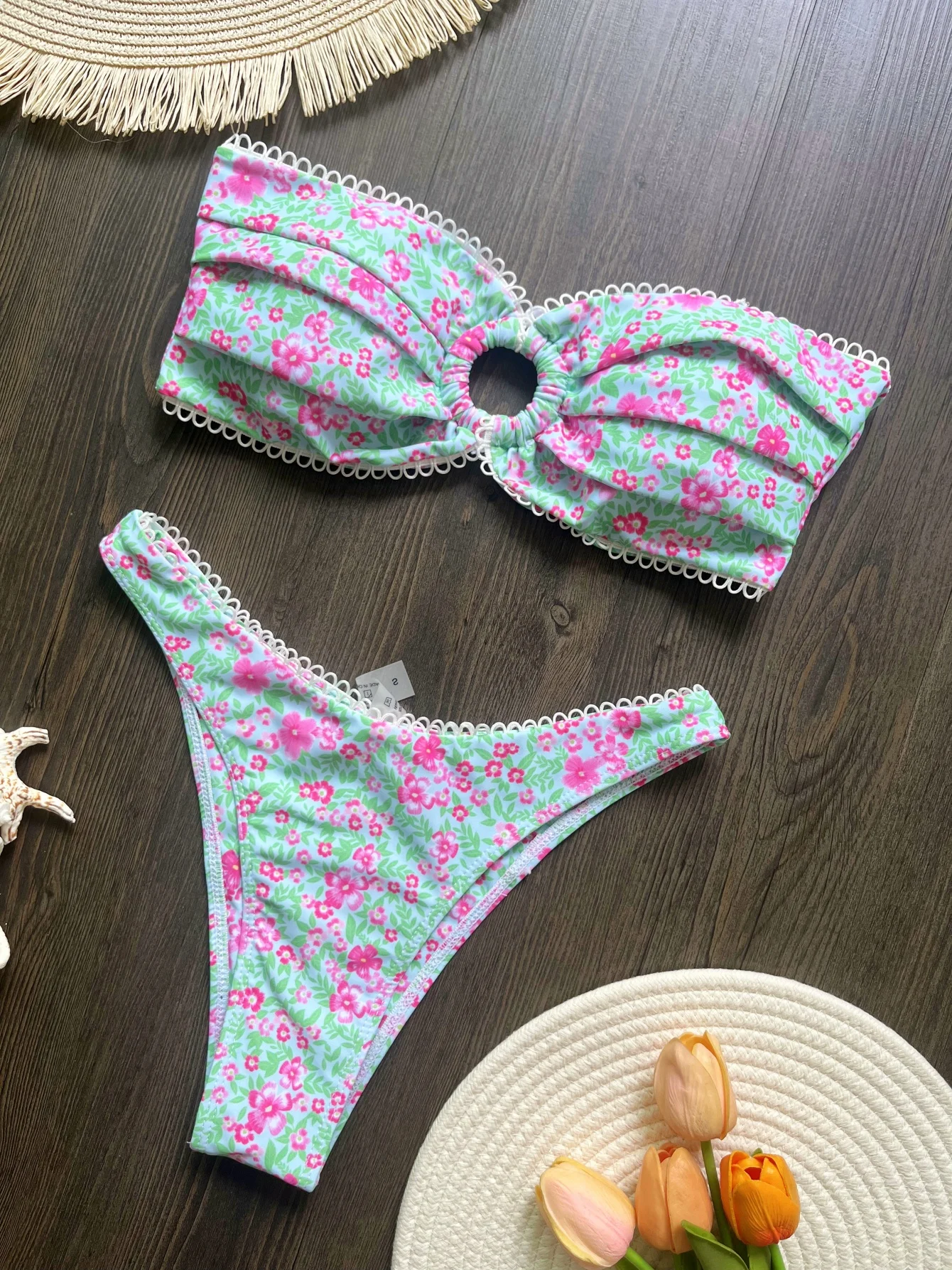 

Floral Flowers Bandeau High Leg Cut Bikini Women Swimwear Female Swimsuit Two-pieces Bikini set Bather Bathing Suit Swim