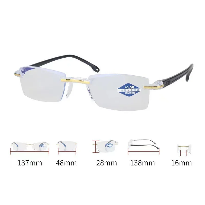 Ultralight Frameless Reading Glasses for Men Women Retro Anti-blue Presbyopic Eyewear Elderly Diopter +1.0+1.5+2.0+2.5+3.0+3.5+4
