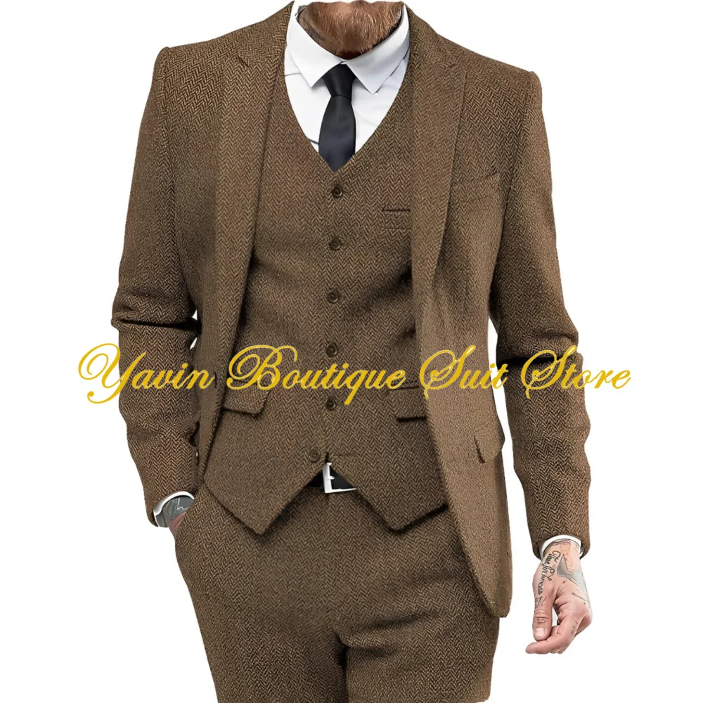 

Men's Herringbone Tweed Suit 3 Pieces Blazer Vest Pants Casual Sport Jacket Wedding Groomsmen Prom Men Suits