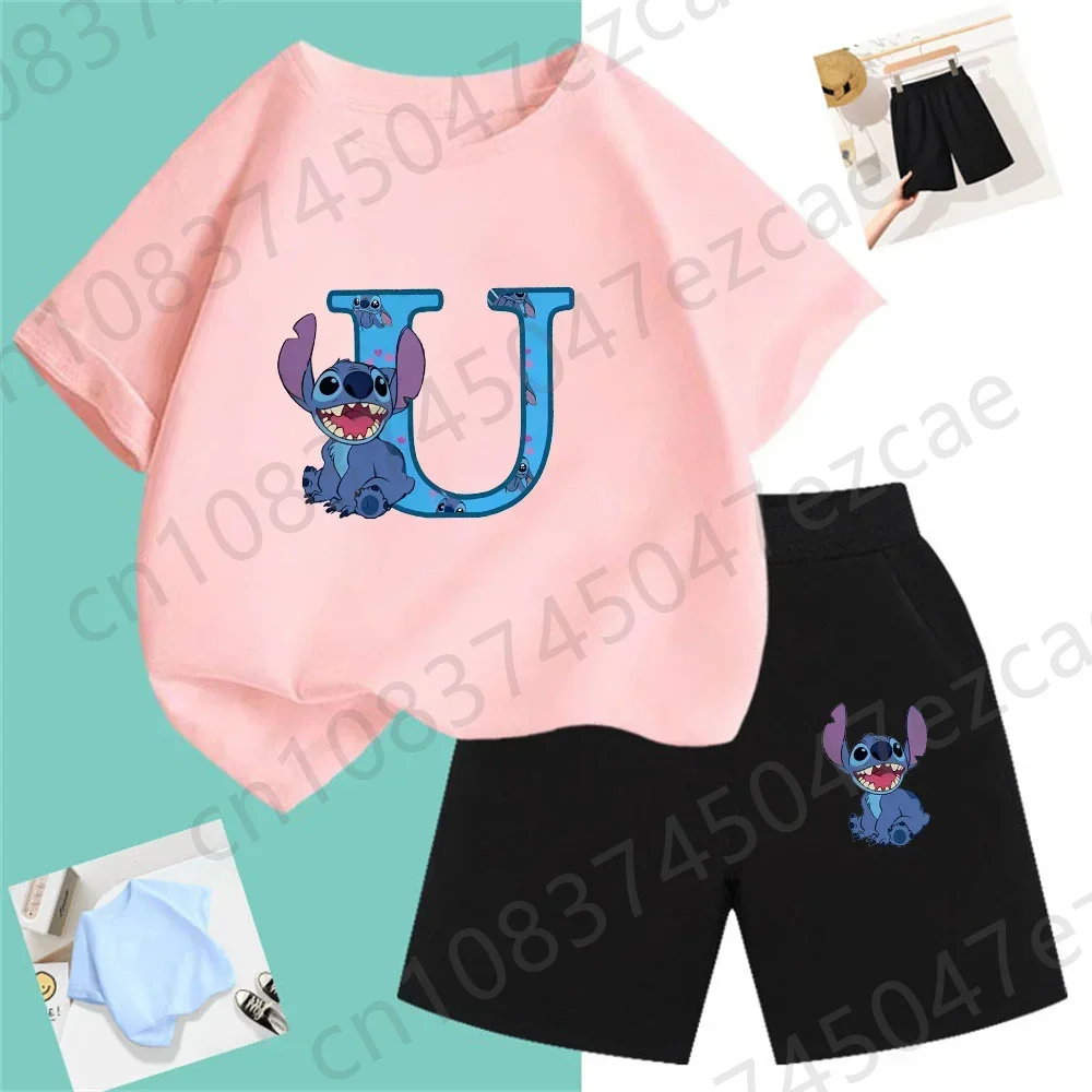 T-shirt Lilo e Stitch Set Compleanno Lettera fortunata Cotone Abbigliamento per bambini Ragazze e ragazzi Camicie sportive T-shirt comiche Baby