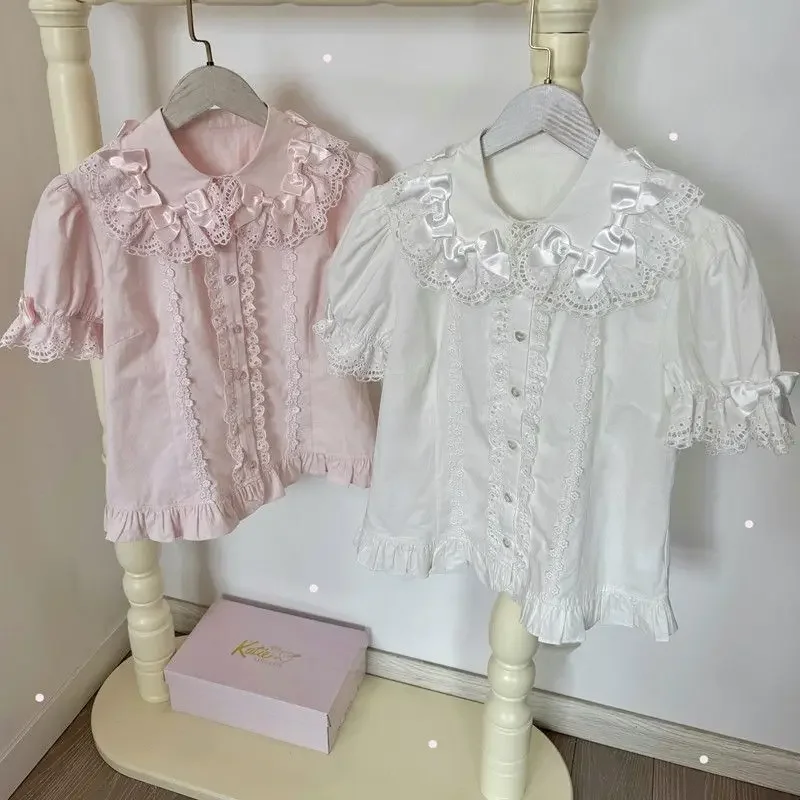 

Japanese Kawaii Lolita Blouses Women Sweet Bow Ruffles Cotton Top Summer Girls Preppy Style Puff Short Sleeve Cute Shirts